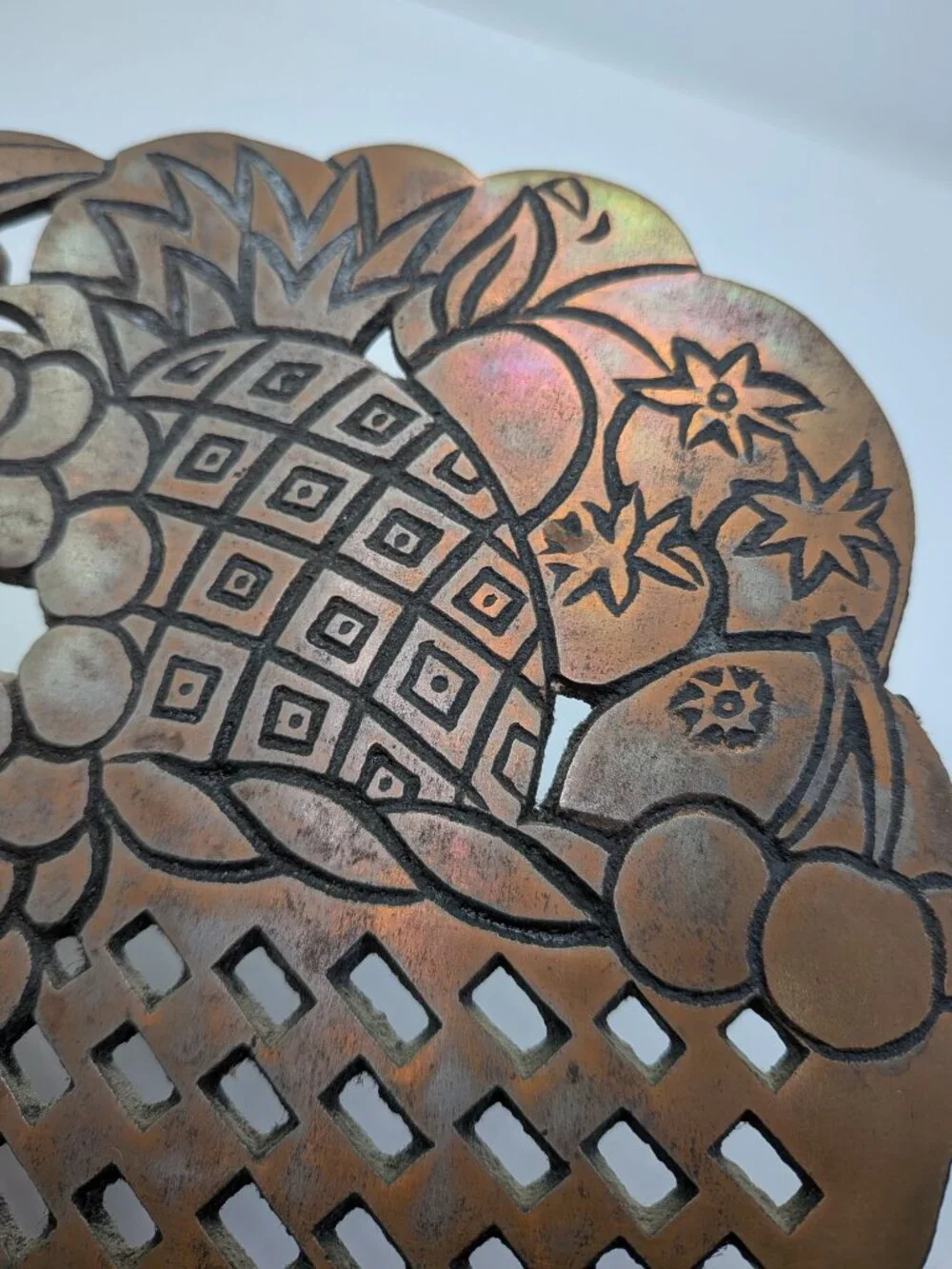 VTG 1983 Himark Copper Fruit Basket Trivet Dark Rustic Patina Pineapple Wall